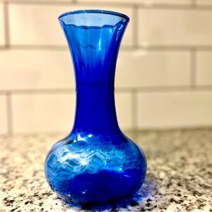 Cobalt Blue Turned Blow Glass Decorative Vase with‎ Wide Base and fluted opening